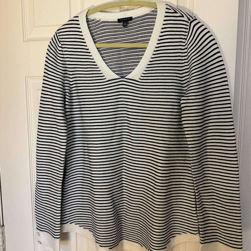 Talbots black & white striped striped sweater pullover nautical neutral M